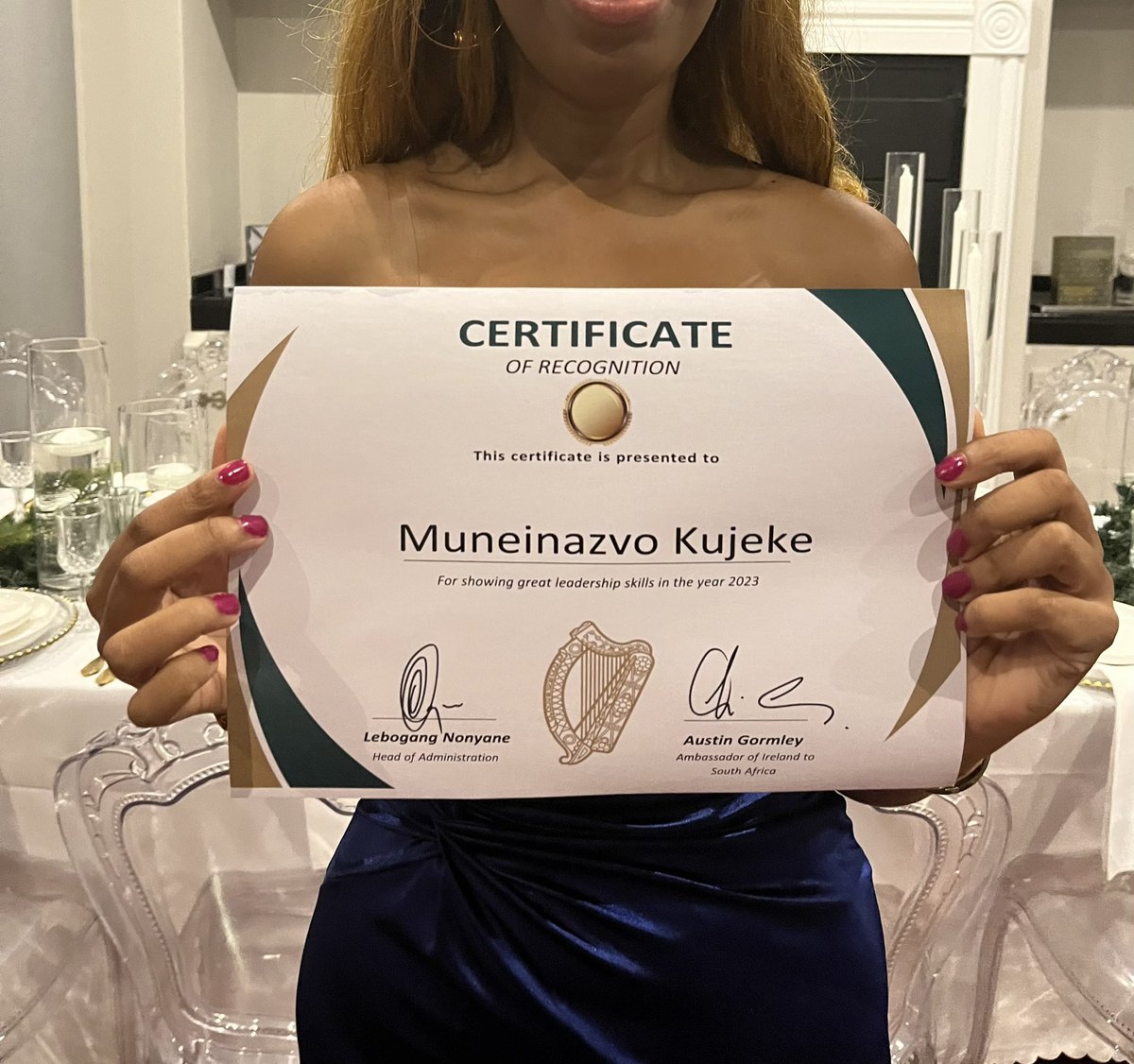 Feeling incredibly grateful to be recognized for my leadership skills at the Embassy of Ireland in South Africa! I'm dedicated to empowering and inspiring others to reach their full potential. #LeadershipExcellence #Gratitude #developmentcooperation