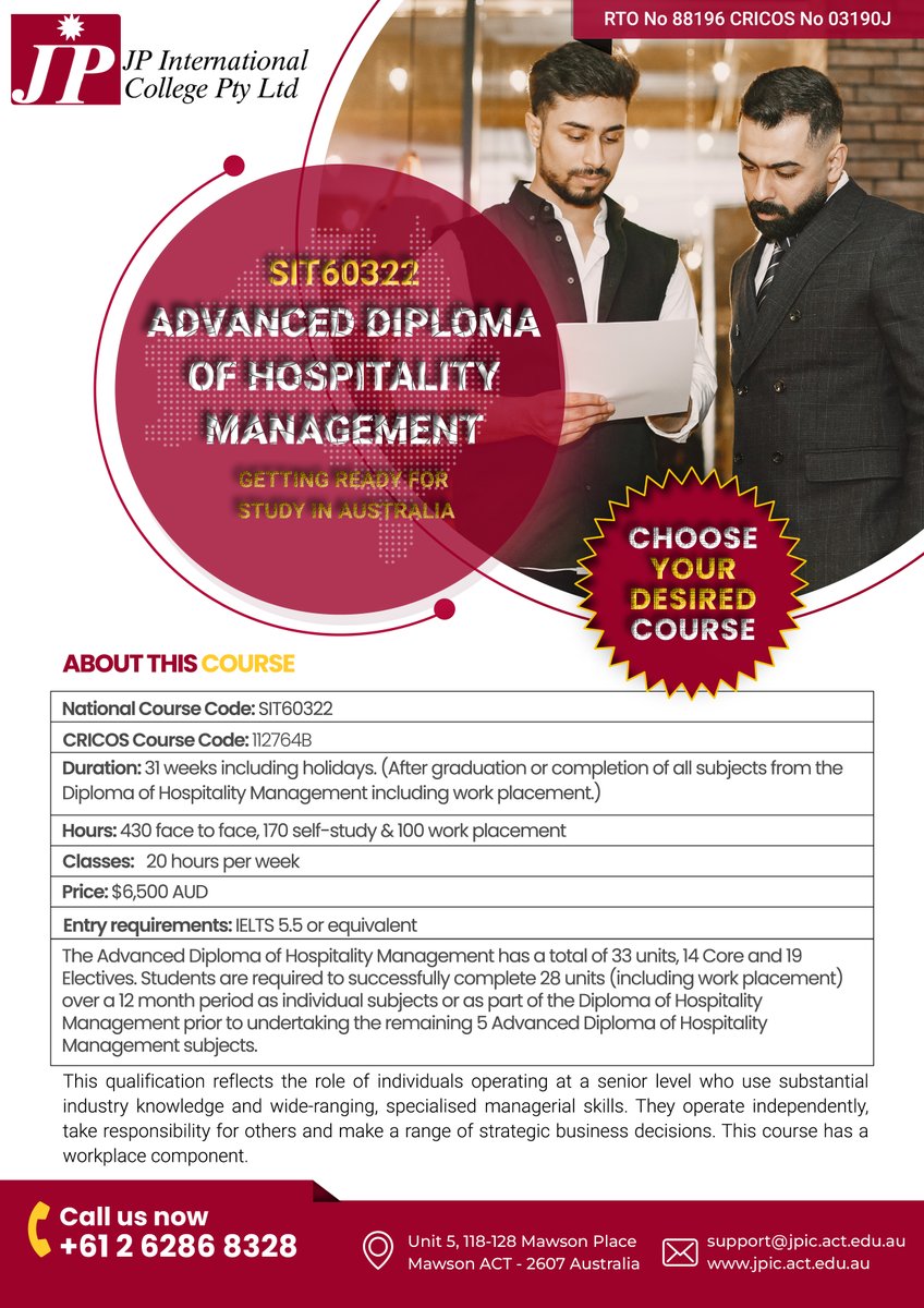 JP International College (@jpinternation15) on Twitter photo SIT60322 Advanced Diploma of Hospitality Management
For more information:
jpic.act.edu.au
marketing@jpic.act.edu.au
+61 262868328
#JPIC
#StudyInAustralia
#HospitalityEducation
#CanberraCollege
#GlobalHospitality
#ManagementCourses SIT60322 Advanced Diploma of Hospitality Management
For more information:
jpic.act.edu.au
marketing@jpic.act.edu.au
+61 262868328
#JPIC
#StudyInAustralia
#HospitalityEducation
#CanberraCollege
#GlobalHospitality
#ManagementCourses