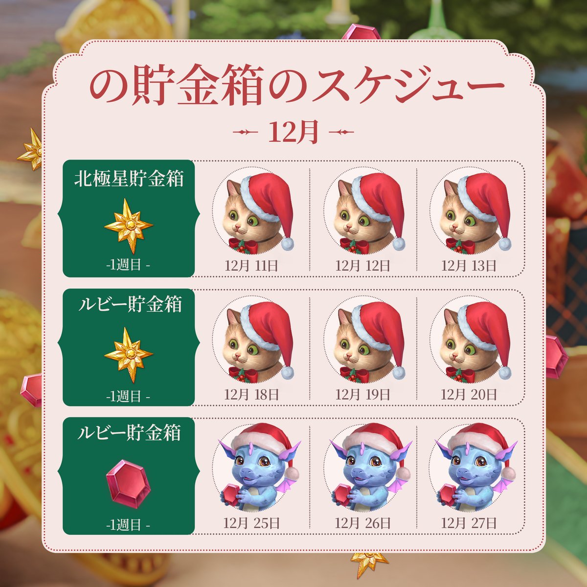 📅12月の豚の貯金箱のスケジュールはこちら！カレンダーに印をつけてセオドアとシャイニーを迎えましょう。彼らの助けを借りてアクセスパスとルビーを集め、ダークウッドで派手にお祝いを始めましょう！🕵

📲social-sn.mytonagames.com/xMQxe8