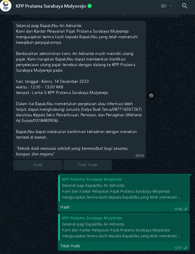 ariadrianto's tweet photo. @DitjenPajakRI @e100ss 
1. saya barusan dapat WA  dari KPP  Pratama Surabaya Mulyosari. https://t.co/c2G4Y55ppr