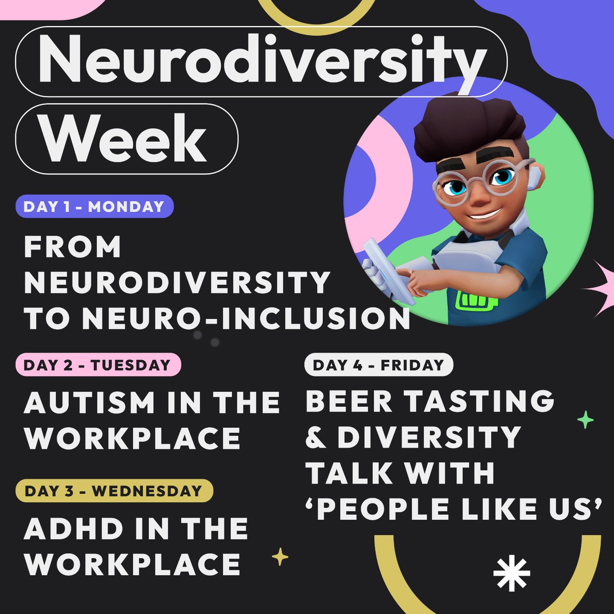 SYBO is proud to announce its first-ever Neurodiversity Week! A group of passionate SYBOians have organized an week of activities — one talk featuring a special guest speaker, two fireside chats hosted by fellow colleagues, and a talk/beer tasting with People Like Us.
