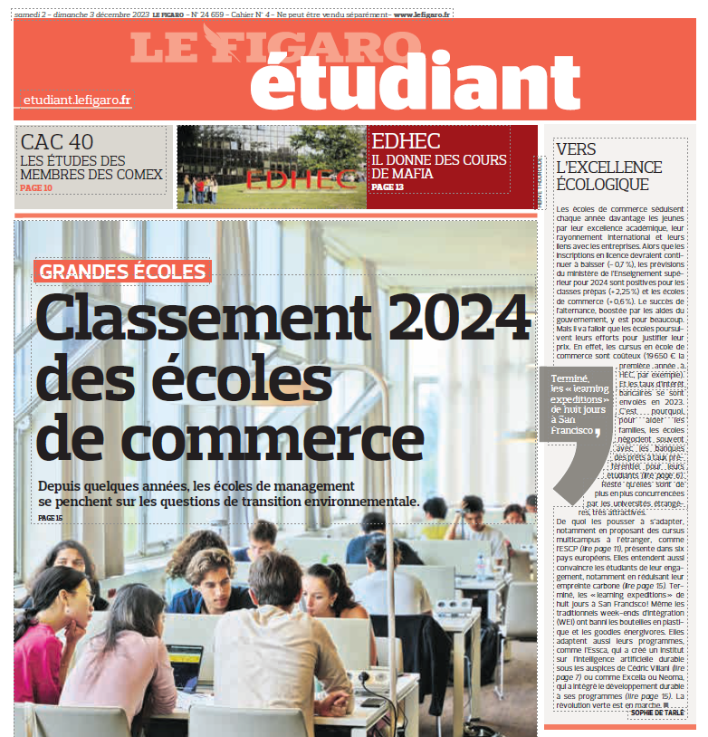 Le classement des écoles de commerce du Figaro vient de paraitre. L’IPAG figure à la 7e position des écoles post-bac (sur 14), soit un gain de 2 places par rapport à l’an dernier.