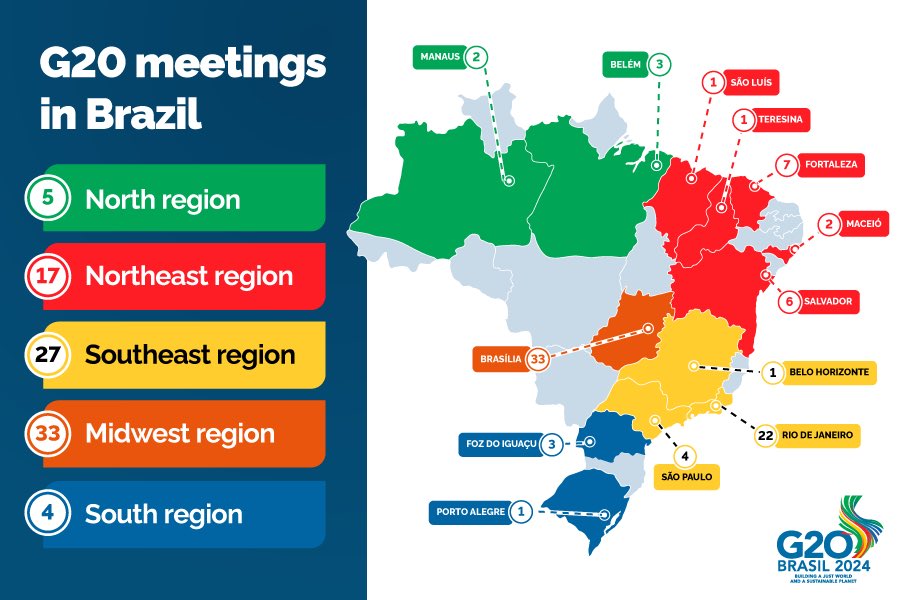 Brazil announces schedule of G20 meetings. The calendar provides for more than 120 meetings and events throughout the Brazilian mandate, which culminates in the Summit of Heads of State and Government held in November 2024 in Rio de Janeiro #G20Brazil g20.org/pt-br/noticias…