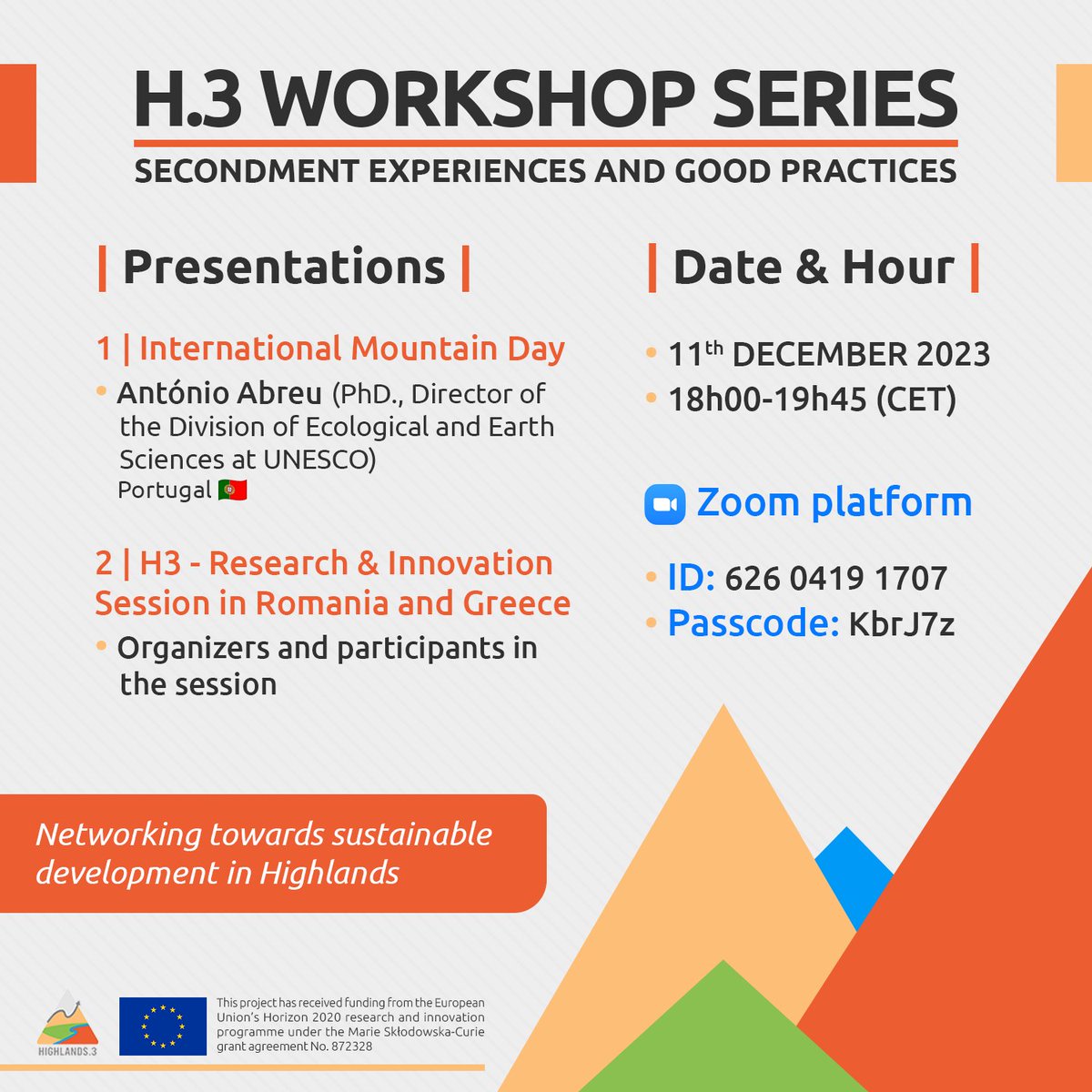 Happy International Mountain Day!
Join us tonight at 6pm CET via Zoom to learn more about the Mountain Day from UNESCO Speaker António Abreu and to get some insights on our most recent Research &amp; Innovation Session in Romania/Greece!
You can join us here: 
tinyurl.com/bdpbcmjy