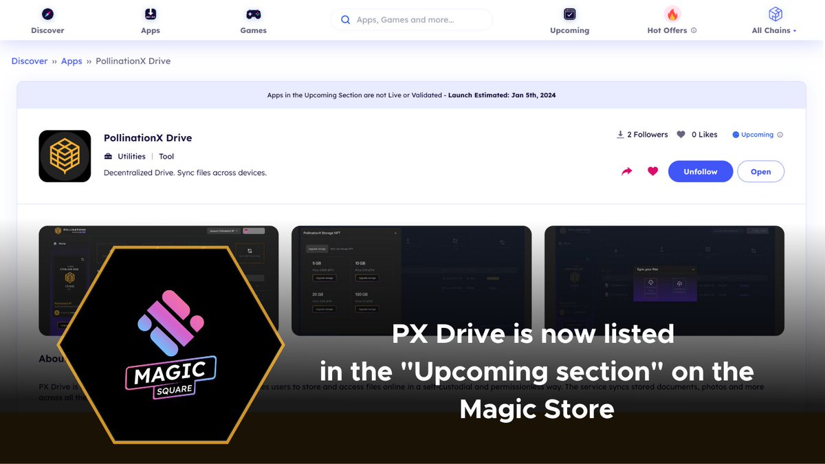 PollinationX, Decentralized Storage Infra (@pollinationx_io) on Twitter photo 🚀 Big News Alert! We're listed in the "Upcoming section" on the <a href="/MagicSquareio/">Magic Square</a>'s #MagicStore!
Check it out here ➡️ magic.store/app/pollinatio…
P. S. #Mainnet coming soon! #PXDrive #onchain #encrypted #web3 🚀 Big News Alert! We're listed in the "Upcoming section" on the <a href="/MagicSquareio/">Magic Square</a>'s #MagicStore!
Check it out here ➡️ magic.store/app/pollinatio…
P. S. #Mainnet coming soon! #PXDrive #onchain #encrypted #web3