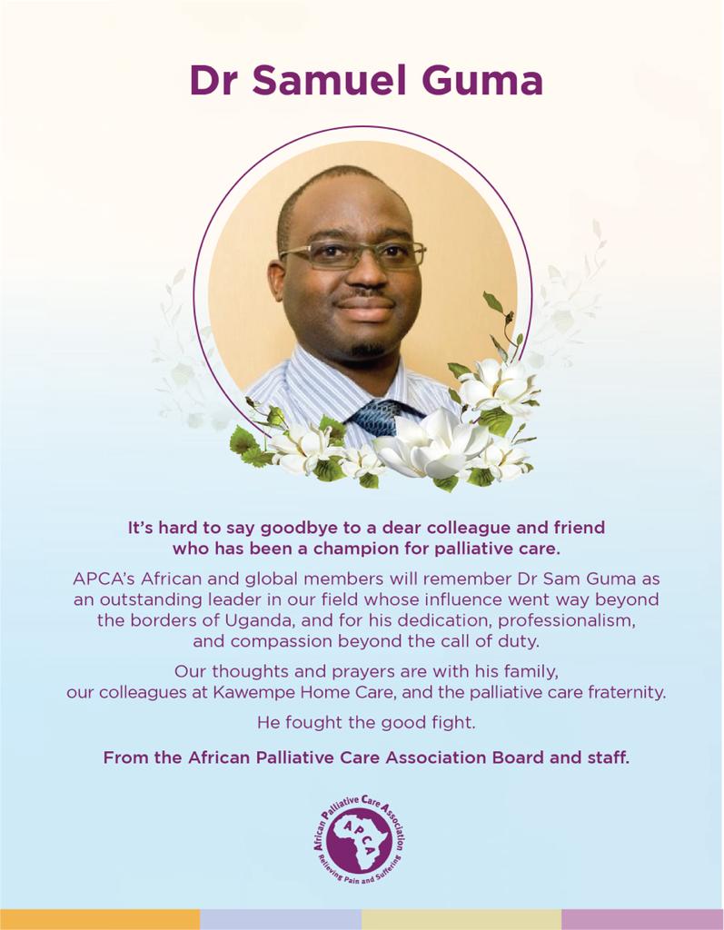 APCA (@apcassociation) on Twitter photo Remembering the life and work of a dear colleague & friend Dr. Samuel Guma. His dedication & compassion will continue to inspire us. Condolences to Gloria and the family, & to our colleagues at <a href="/KawempeCare/">Kawempe Home Care</a> <a href="/UgandaCancerIns/">Uganda Cancer Institute</a> <a href="/UgCancerSociety/">UgandaCancer Society</a> <a href="/MinofHealthUG/">Ministry of Health- Uganda</a> <a href="/WHOUganda/">WHO Uganda</a>
<a href="/UNICEFUganda/">UNICEF Uganda</a> Remembering the life and work of a dear colleague & friend Dr. Samuel Guma. His dedication & compassion will continue to inspire us. Condolences to Gloria and the family, & to our colleagues at <a href="/KawempeCare/">Kawempe Home Care</a> <a href="/UgandaCancerIns/">Uganda Cancer Institute</a> <a href="/UgCancerSociety/">UgandaCancer Society</a> <a href="/MinofHealthUG/">Ministry of Health- Uganda</a> <a href="/WHOUganda/">WHO Uganda</a>
<a href="/UNICEFUganda/">UNICEF Uganda</a>