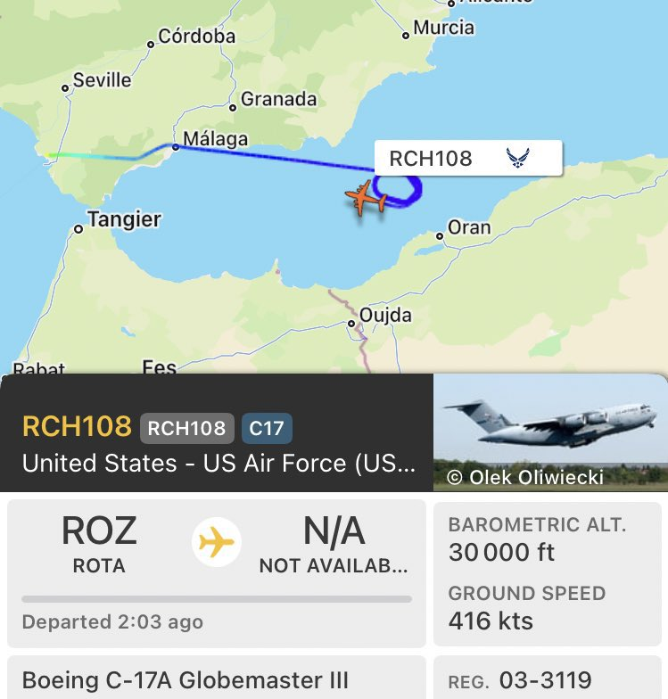 kmldial70's tweet photo. #Algeria banned a large #US cargo plane #C17 #globmaster (RCH108) carrying weapons /munition from using its airspace while it was heading to #MiddleEast because this munition or weapons are high likely to be used in bombing children and women in #Gaza by #Israel. https://t.co/X9QWdPvVMQ