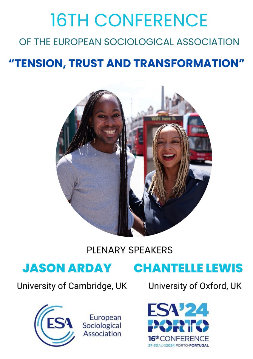 Meet the 16th ESA Porto Conference Plenary Speakers. Know more about the second plenary on the topic of Trust. @ChantelleJLewis and Jason Arday will talk about 'I'll Stand By You: Love, Trust & the Politics of Neurodiversity' bit.ly/3No0EGd Submit your abstract today!