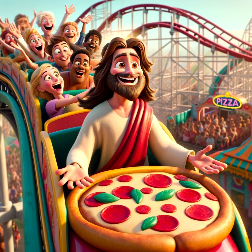 Riding the highs of joy and pizza! 🎢🍕 Our spirited leader takes on the roller coaster, with laughs and screams echoing the thrill of the ride. #AmusementParkJoy #PizzaCoaster #ThrillingMoments #Pizza #cheesus