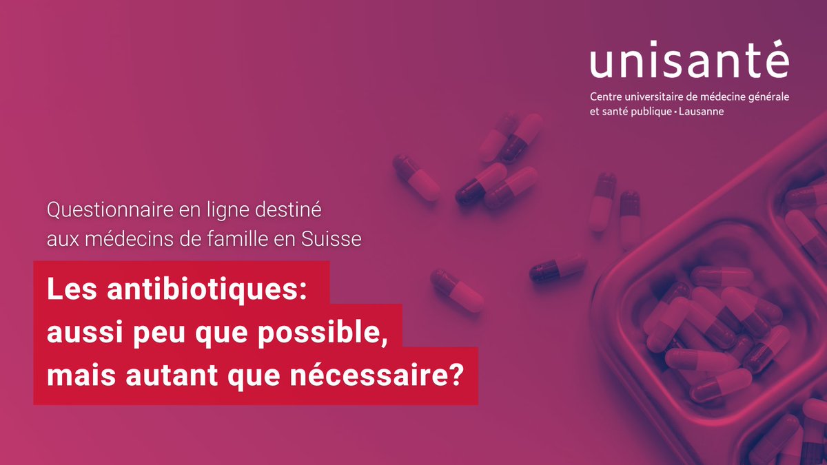 Unisanté (compte inactif) (@unisantevd) on Twitter photo Visant les médecins de famille, Unisanté vous remercie pour votre participation et vos partages de cette enquête menée en partenariat avec <a href="/IfIS_UZH/">Institute for Implementation Science in HealthCare</a>, <a href="/CHUVLausanne/">CHUV / Centre hospitalier universitaire vaudois</a>, <a href="/anresis/">ANRESIS The Swiss Centre for Antibiotic Resistance</a> et <a href="/BAG_OFSP_UFSP/">BAG – OFSP – UFSP</a> par Siméon Schaad pour sa thèse de doctorat en médecine. survey.unisante.ch/index.php/3248… Visant les médecins de famille, Unisanté vous remercie pour votre participation et vos partages de cette enquête menée en partenariat avec <a href="/IfIS_UZH/">Institute for Implementation Science in HealthCare</a>, <a href="/CHUVLausanne/">CHUV / Centre hospitalier universitaire vaudois</a>, <a href="/anresis/">ANRESIS The Swiss Centre for Antibiotic Resistance</a> et <a href="/BAG_OFSP_UFSP/">BAG – OFSP – UFSP</a> par Siméon Schaad pour sa thèse de doctorat en médecine. survey.unisante.ch/index.php/3248…