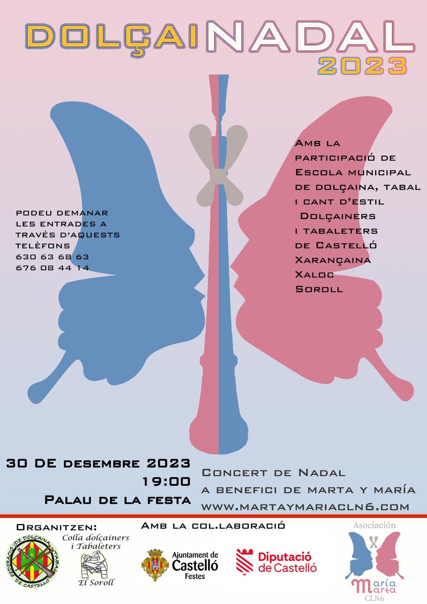 Aquest és el cartell d'enguany. PODEU DEMANAR LES ENTRADES A través D’AQUESTS TELÈFONS 630 63 68 63 676 08 44 14 Recaptació per a l'associació MARTA I MARÍA martaymariacln6.com
#dolçainadal2023