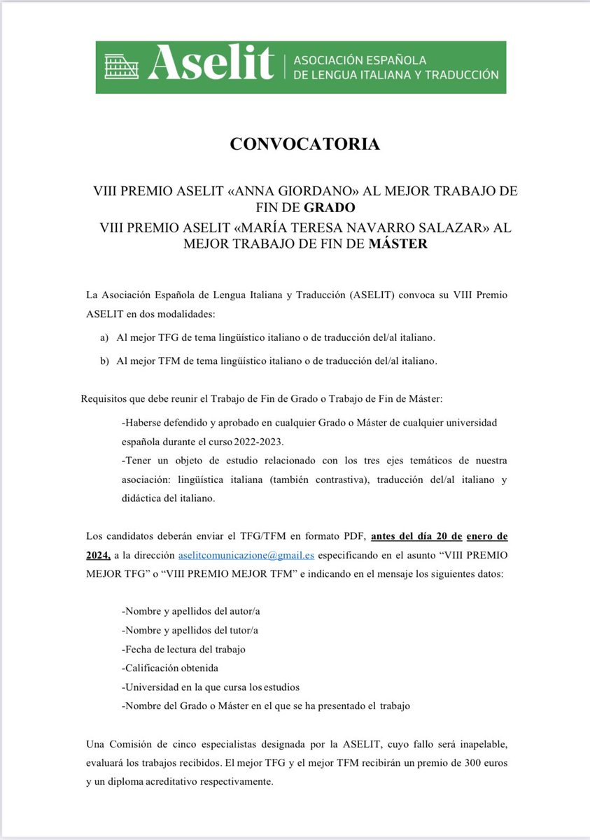 🏆 Come ogni anno, l’ASELIT bandisce i suoi Premi ai migliori TFG e TFM dei nostri studd. dell’a.a. precedente (2022-2023).

Leggete la normativa e diffondete tra studd. e colleghi!

#siamoaselit #linguaitaliana #linguisticaitaliana #traduzione #didatticadellitaliano #TFG #TFM