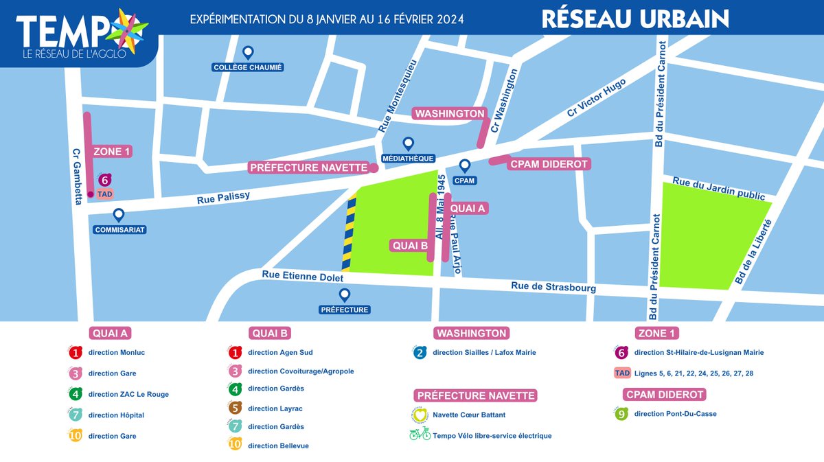 ⚠️Expérimentation parc Armand Fallières - Focus lignes urbaines 🏠

Du 8 janvier au 16 février inclus, les dessertes des lignes urbaines évoluent 🚍

Retrouvez tous les détails sur le lien suivant : tempobus.fr/news/experimen…