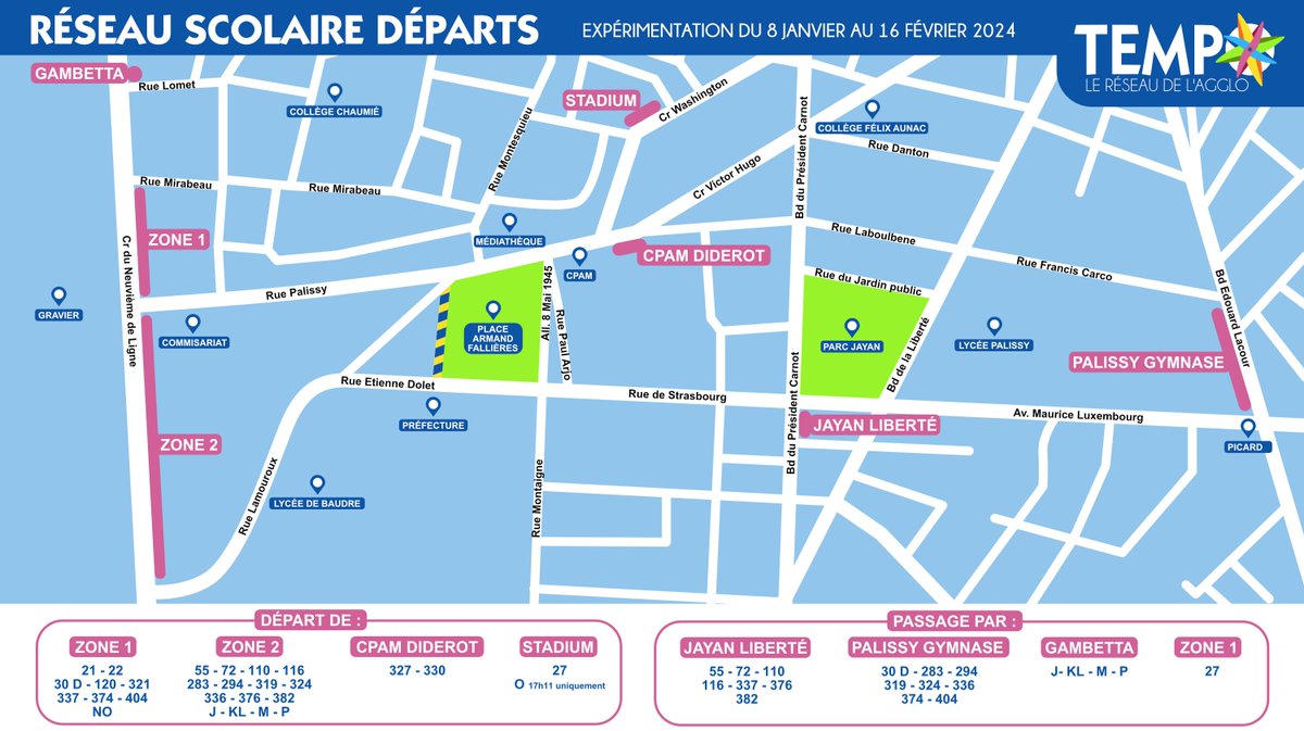 ⚠️Expérimentation parc Armand Fallières - Focus lignes scolaires 🏫

Du 8 janvier au 16 février inclus, les dessertes des lignes scolaires évoluent 🚍

Retrouvez tous les détails sur le lien suivant : tempobus.fr/news/experimen…