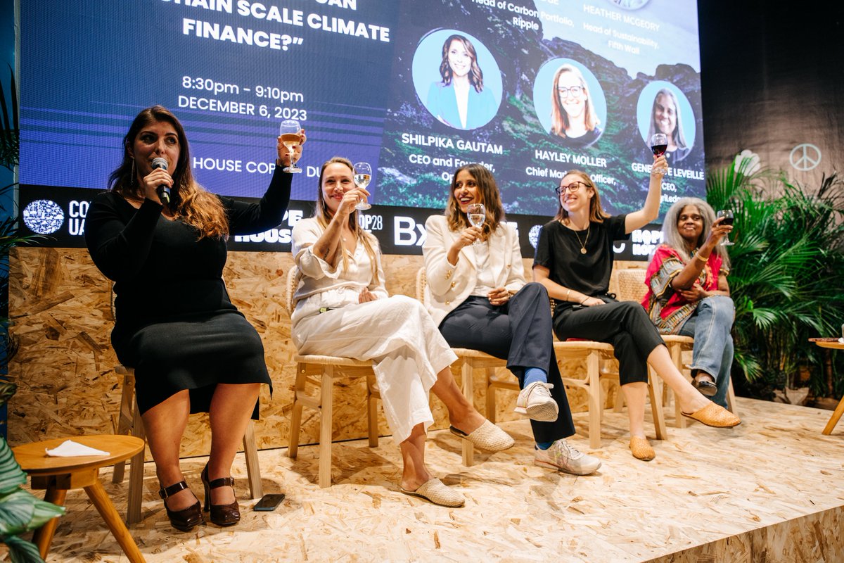 Had a fab time at #COP28 on the accidentally all-woman panel talking about how #blockchain can scale #climatefinance. Shoutout to Meghan Edge from @Ripple for kicking off the panel with a toast, and @dave_fortson for keeping our glasses full! 📍 @BxClimate @ Hope House, Dubai