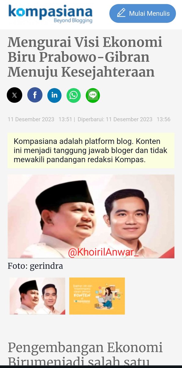 Mengurai Visi Ekonomi Biru Prabowo-Gibran Menuju Kesejahteraan

serunyabareng ayahbowogibran
pakbowokita pilihannyakita
#WaktunyaIndonesiaMaju
#PSGibranSemakinDiDepan
Menang satu putaran kompasiana.com/rahman51536/65…