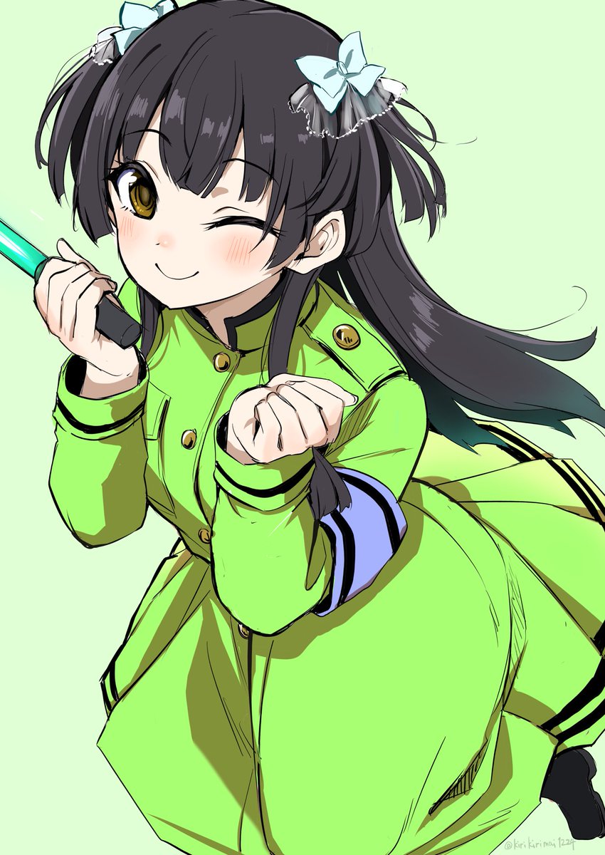 mayuzumi fuyuko 1girl one eye closed solo black hair glowstick smile green dress  illustration images