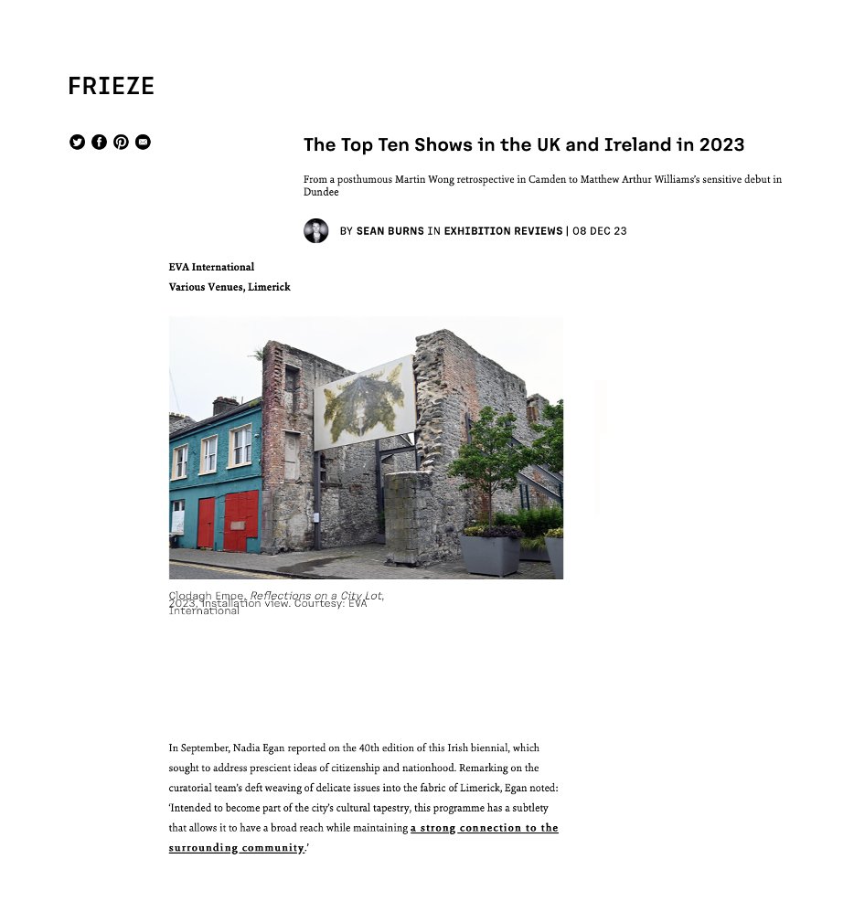 We're delighted that the #40thEVAInternational has been included in Frieze's 'Top Ten Shows in the UK and Ireland in 2023'! The 40th edition took place 31 August – 29 October 2023 across venues in Limerick city. #ContemporaryArt #Biennial #Limerick #Frieze