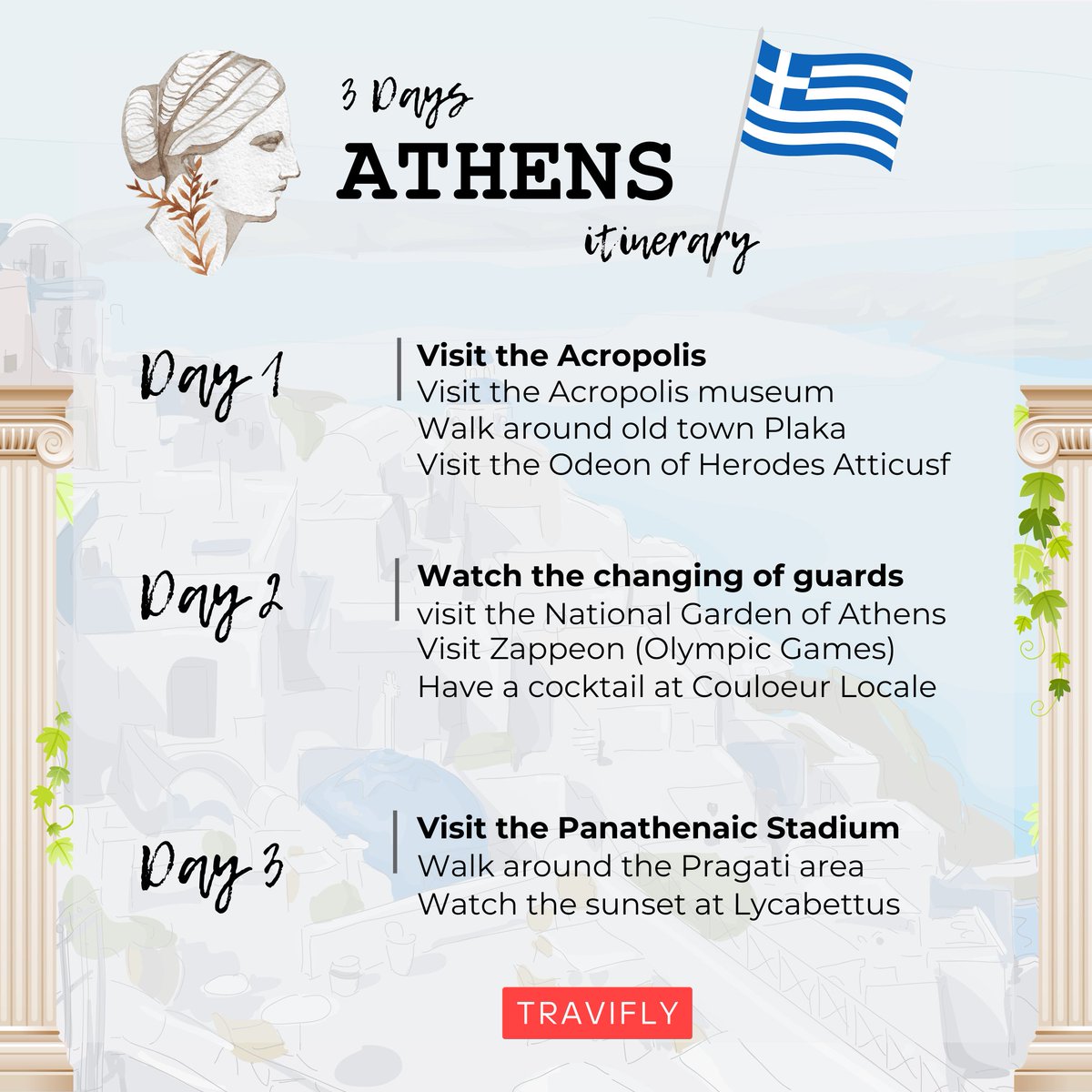 Immerse yourself in Athens' timeless allure with Travifly's 3-day itinerary. Each day promises a blend of ancient wonders, modern delights, and the rich cultural tapestry that makes Athens an unforgettable destination.

#TraviflyAdventures #AthensExploration #TravelWithTravifly