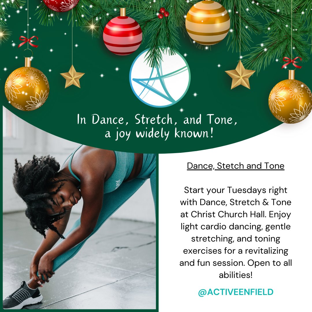 💃 Day 19 🌟 Revitalize Tuesdays with Dance, Stretch & Tone! 📅 Jan 9 to Mar 26, 2024 ⏰ 9:30 am - 10:30 am 📍 Christ Church Hall, Enfield Cardio dance, gentle stretching, and toning—for all abilities! Book Now: activeenfield.uk/whats-on/dance… #ActiveEnfield #Dance #JoyfulWorkout
