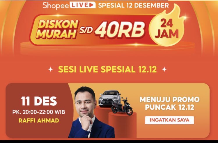 Jgn lupa ada aa  Raffi Ahmad di shoope live dan ada Flash Sale Motor &amp; Mobil 12RB pantengin nanti jam 8 malam ya
#ShopeeLiveMotorMobil12RB
shope.ee/6AGxobgm7H