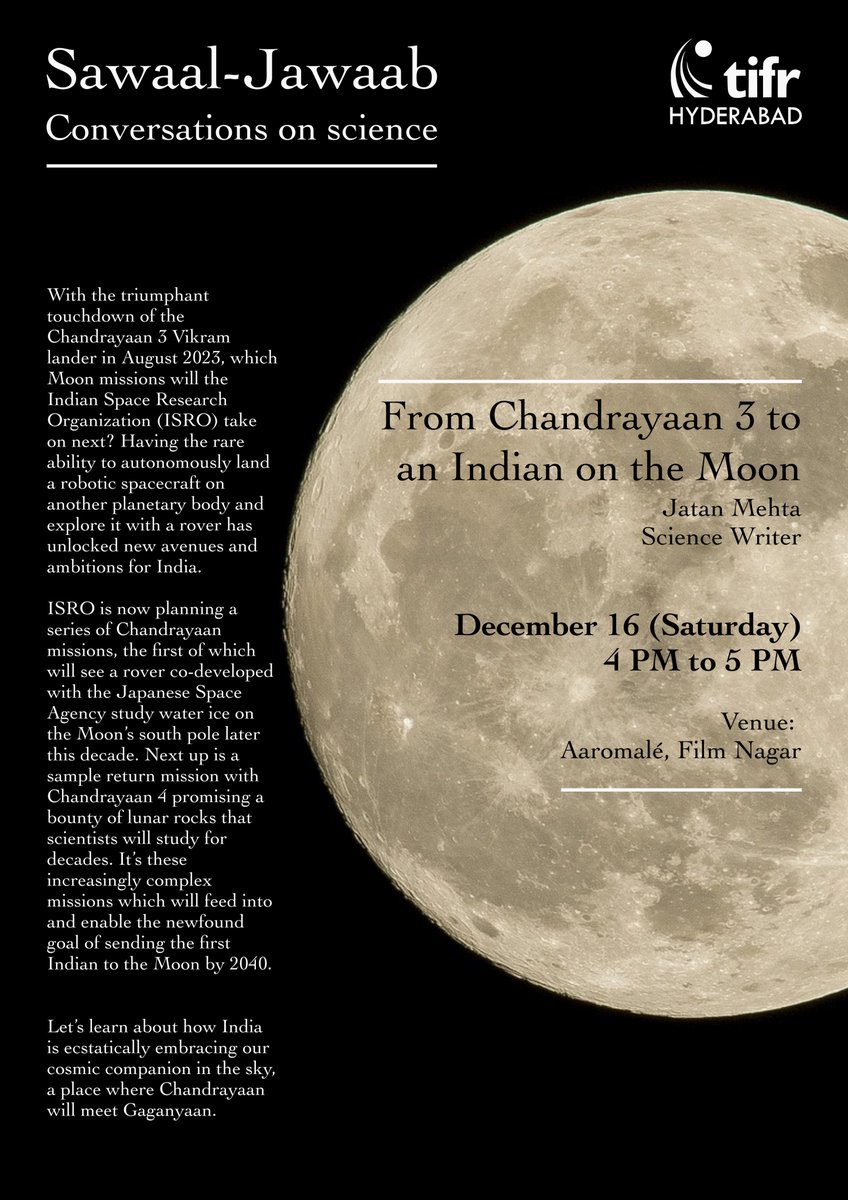 The next Sawaal-Jawaab session is here!

'From Chandrayaan 3 to an Indian on the Moon'
Speaker: Jatan Mehta (Science Writer)

December 16, 2023 (Saturday)
4 PM to 5 PM 
Venue: Aaromale Cafe, Film Nagar