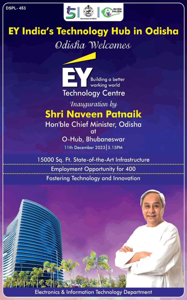 CM <a href="/Naveen_Odisha/">Naveen Patnaik</a> is going to inaugurate <a href="/EY_India/">EY India</a>’s technology centre in #Bhubaneswar. It will give a boost to development in IT &amp; ITeS sector, propel economic growth and create more employment opportunities for youths in #Odisha. #InvestInOdisha #5T