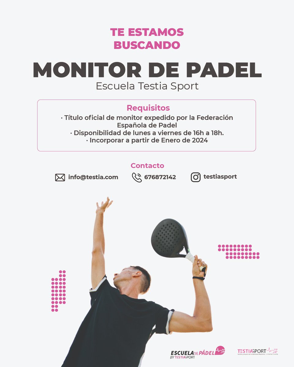 ¡Atencion Monitores!
Buscamos Monitor de padel para nuestra escuela. 
Si estás intesad@ haznos llegar tu currículum con una breve presentación y nos pondremos en contacto.