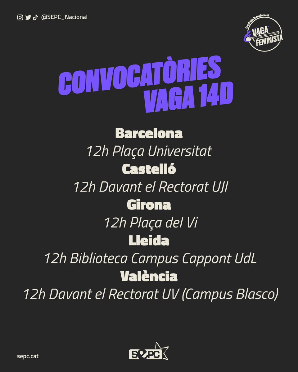 🟣 #VAGA14D | Aquest dijous, les estudiants fem vaga! Contra els professors agressors i per la coeducació, sortim als carrers i fem sentir la nostra veu.

Si necessites ajuda amb la convocatòria al teu centre, posa’t en contacte amb nosaltres!