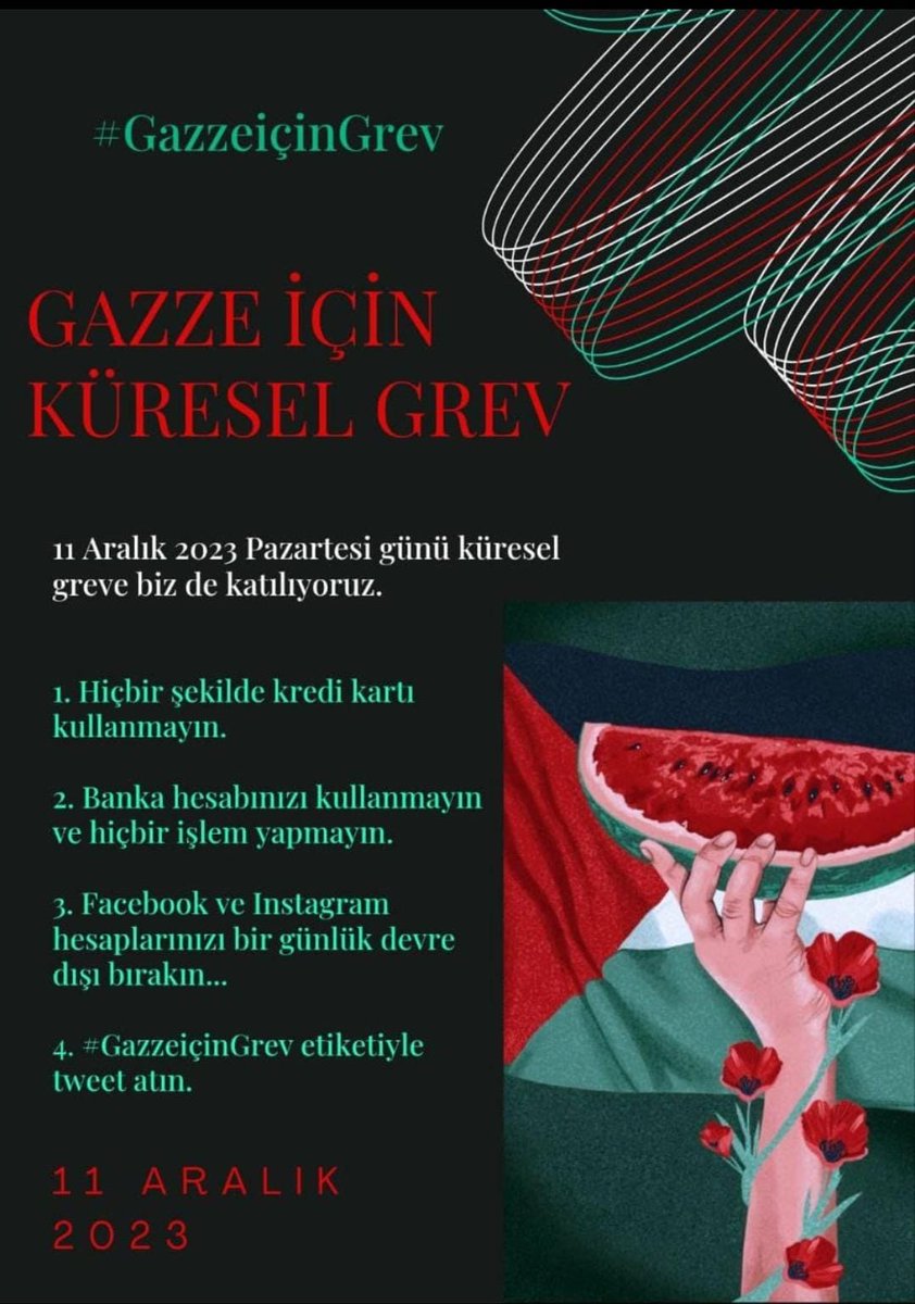Dünyayı Durdur!
İnsanlıktan yana tavır al.

1- Alış-veriş yapma.
2- Banka hesaplarını kullanma.
3- Evde kal.
4- Instagram ve Facebook kullanma.
#StrikeForGaza