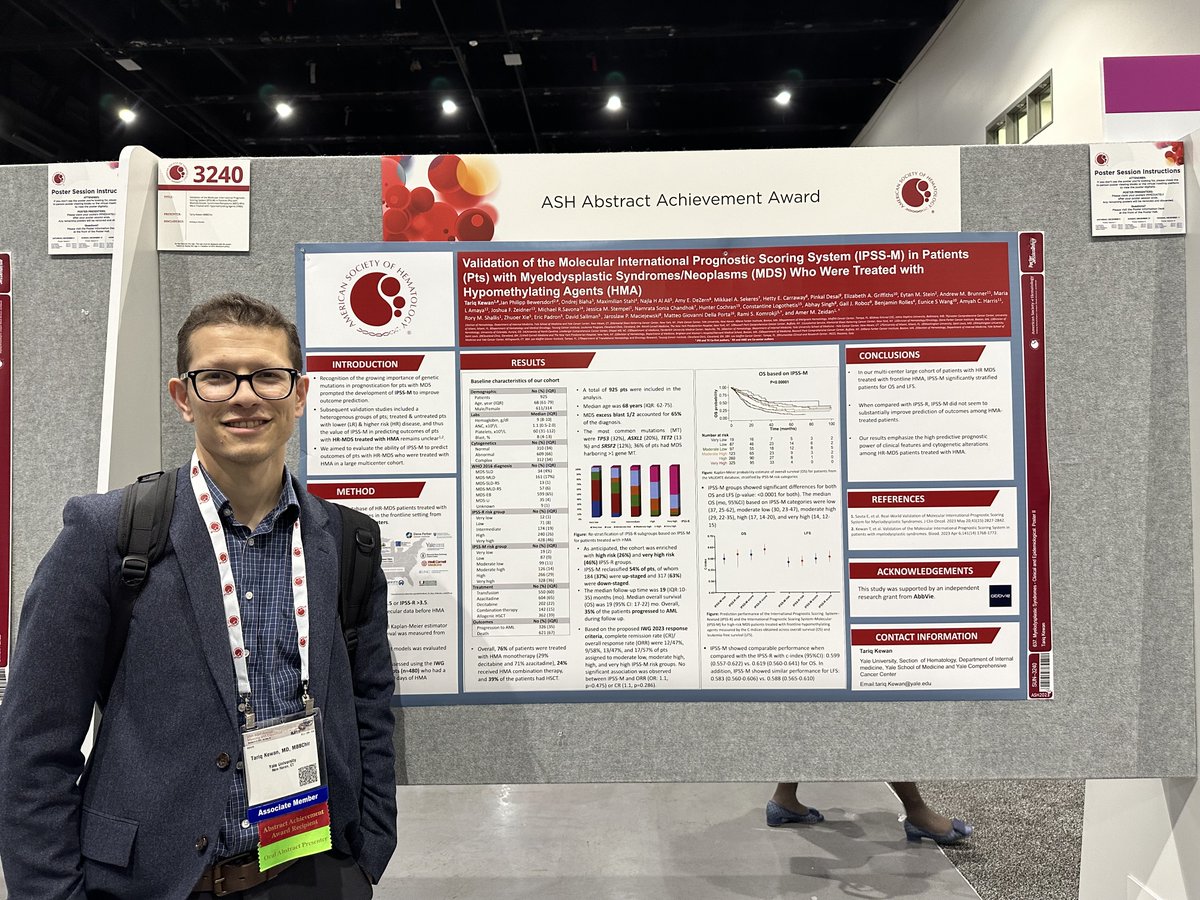 .@tariqkewan presents his #ASH23 Abstract Achievement 🌟Award winning🌟 poster 'Validation of the Molecular International Prognostic Scoring System in Patients with Myelodysplastic Syndromes #MDS Treated with Hypomethylating Agents' @YaleHematology @Dr_AmerZeidan @SmilowCancer