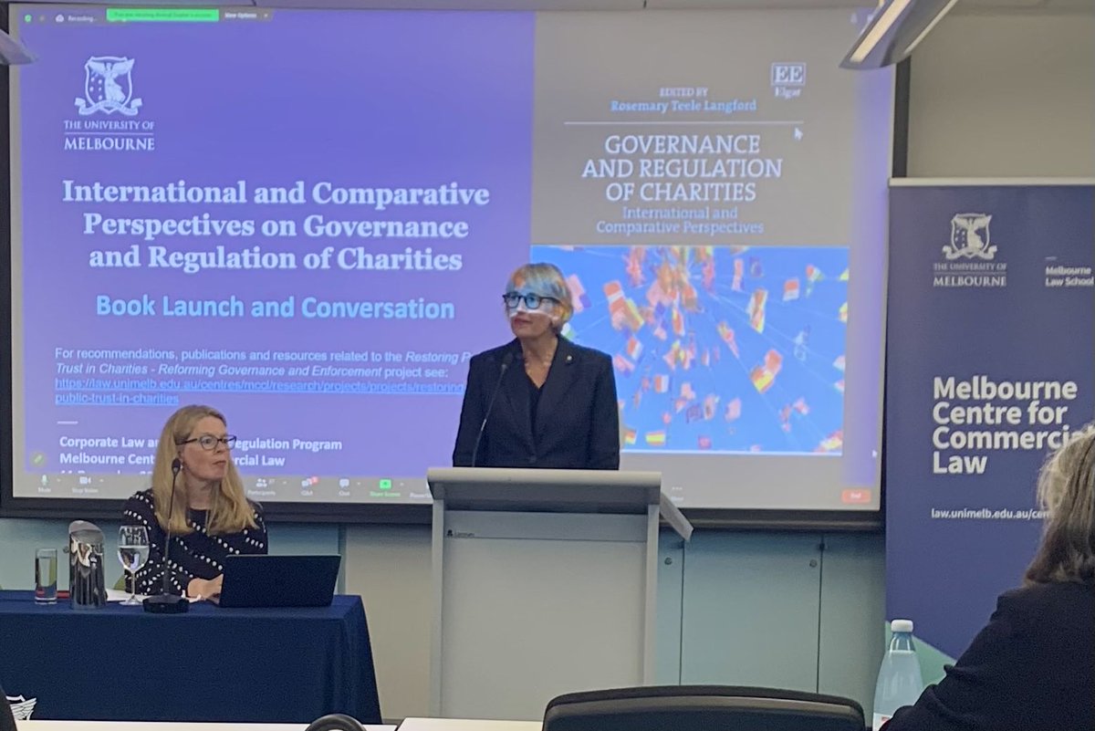 great to be at this book launch! ⁦@MelbLawSchool⁩ ⁦@ACNC_gov_au⁩ Commissioner Sur Woodward launches Prof Rosemary Langford’s collection on governance and regulation of charities