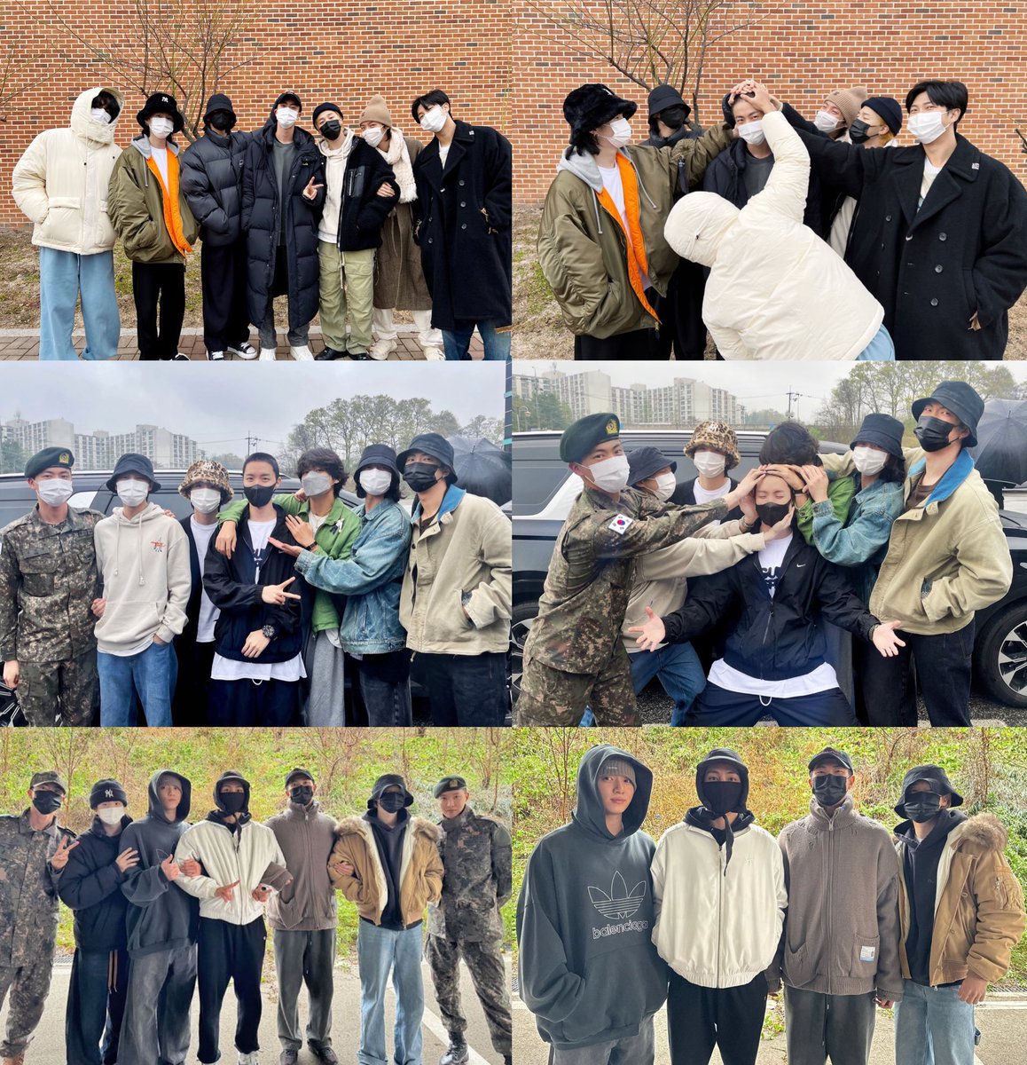 221213 석진 입대                      240612 전역
230418 호석 입대                      241017 전역
230922 윤기 복무 시작        250621 소집해제
231211 남준 태형 입대               250610 전역
231212 지민 정국 입대                250611 전역