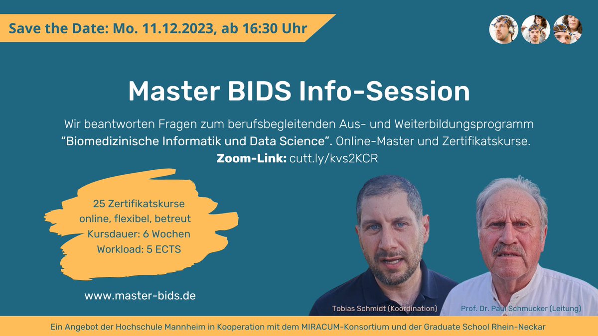 Wir starten mit 6 #Zertifikatskursen aus den Schwerpunkten #MedizinischeInformatik und Bio- #MedicalDataScience in neue Jahr (ab 08.01.24). Mehr dazu heute (11.12.23) in unserer Info-Session ab 16:30 Uhr. Zoom: cutt.ly/kvs2KCR @MIRACUM_de @MII_Germany @gmdsEV