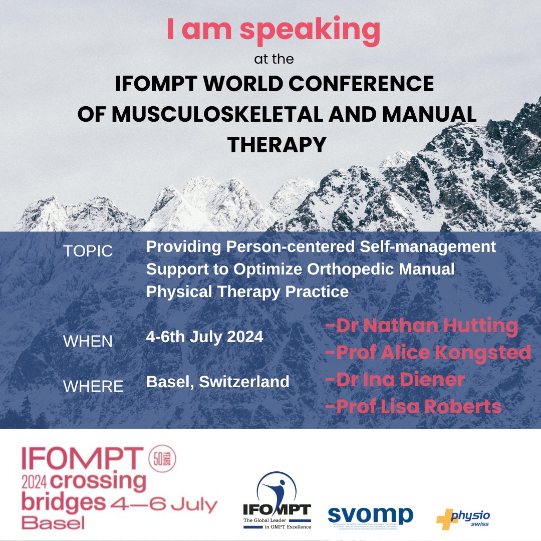 Look forward to discuss how clinician can take a role in supporting self-management at #IFOMPT2024 in Switzerland in July 2024. ifomptbasel2024.org