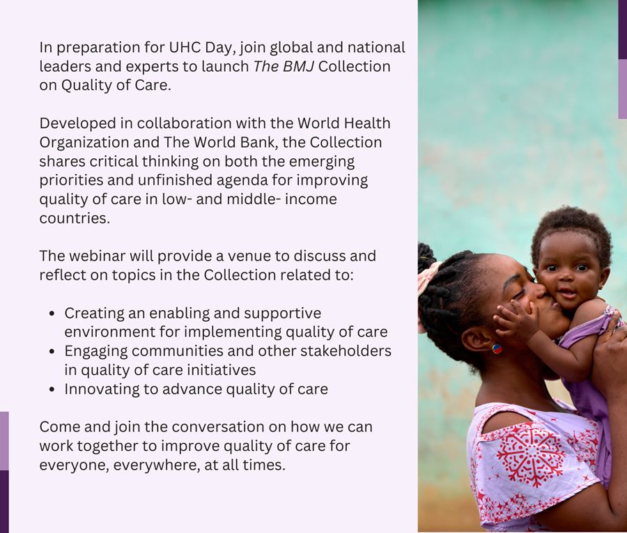 🚨 TODAY🚨 'Delivering quality care to everyone, everywhere, at all times' @WHO with @bmj_latest and @WorldBank official launch the Collection on Quality of Care: bmj.com/qualityofcare 8am New York, 2pm Geneva, 4pm Nairobi, 6.30pm New Delhi. bit.ly/QoCDec11