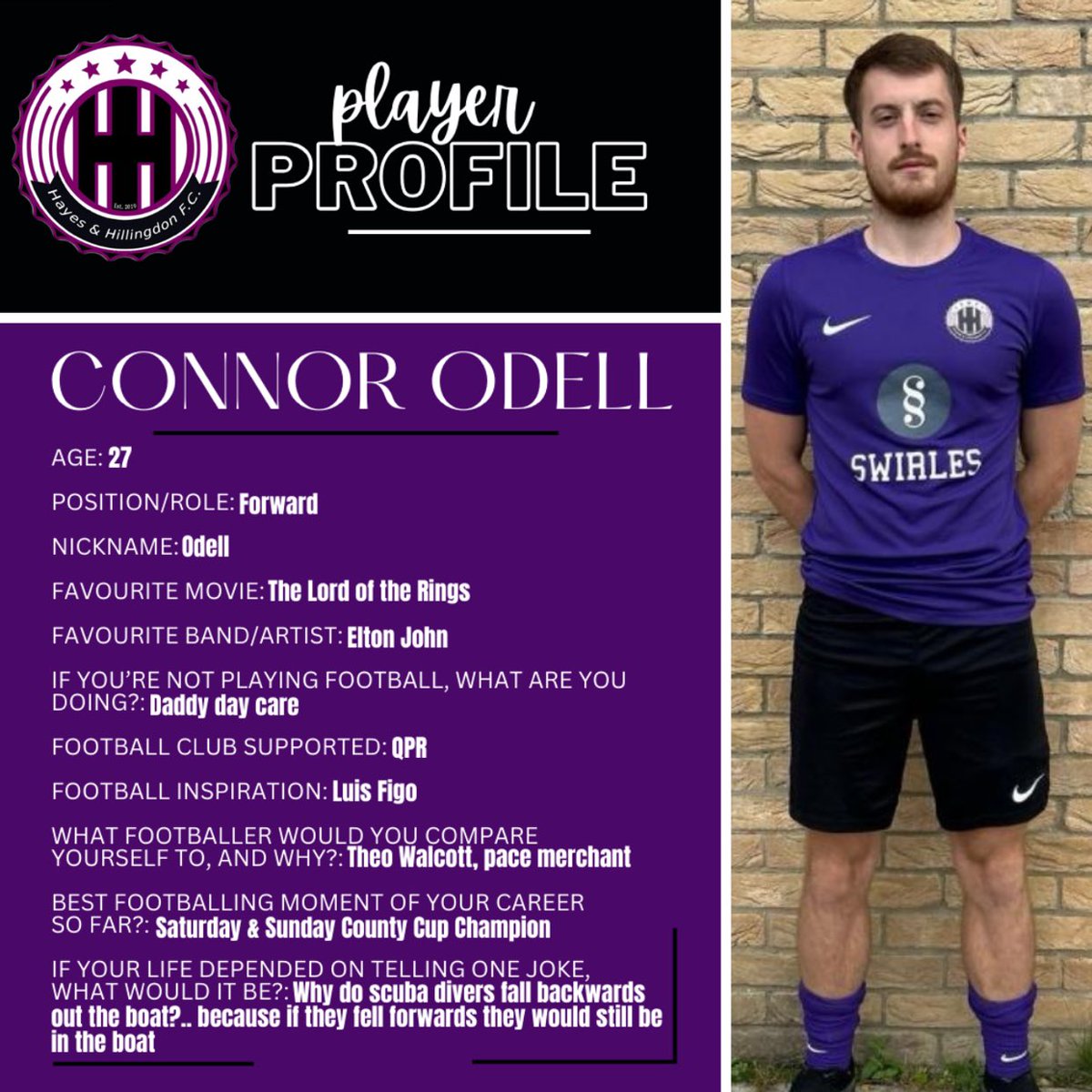 Player profile.. 📸👌🏻
 
C.Odell 👊🏼⚽️ 

(Our partners; Swirles Barbers, Southbourne Electrical & Richings Sports Park)

#HHFC #morethanafootballclub #hayesandhillingdonfc #hhfc #playerprofile #player #profile #funfacts #middlesexfootball #middlesexcounty #MCFL #MCPD 

💜🖤