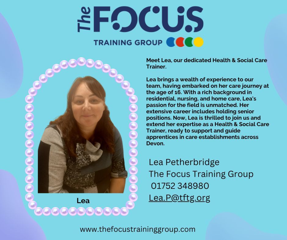 Welcome Lea, our new Health & Social Care Trainer 🌟 
With years of diverse care experience, Lea is ready to support training in care establishments.  🌈👩‍⚕ 

Lea Petherbridge
The Focus Training Group
01752 348980
Lea.P@tftg.org

#NewBeginnings #CareSupport #Healthandsocialcare