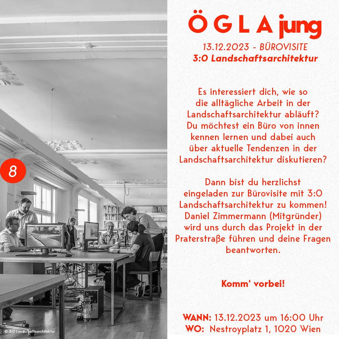 Aufgepasst, das letzte #oeglajung Treffen findet diesen Mittwoch statt mit einer #bürovisite bei 3:0 Landschaftsarchitektur!