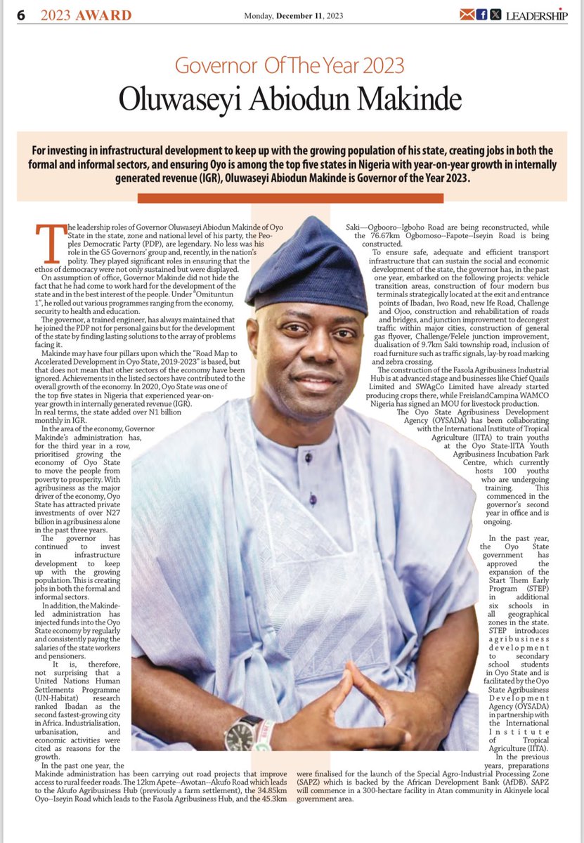 OfficialPDPNig's tweet photo. Breaking! 
Governor @seyimakinde of Oyo State, Others Emerges Leadership Governor of the Year 2023. 

The Governor of Oyo State, Engr Seyi Makinde has added yet another feather to his list of accomplishments with an award by the Leadership Newspapers as one of the 2023 Governors of the Year. 

In a report published by the newspaper on Monday, December 11, 2023, Governor Makinde was amongst three other Governors across the country who were carefully selected by the organization for this year’s award. 

According to the newspaper, Governor Makinde’s selection as Leadership Governor of the Year 2023 was based upon providing exceptional leadership at a time the people of Oyo state were in dire need of government assistance, especially, by investing in infrastructural development to keep up with the growing population of his state, creating jobs in both the formal and informal sectors, and ensuring that Oyo State is among the top five states in Nigeria with year-on-year growth in internally generated revenue (IGR). 

Governor Makinde’s achievements in areas of human capital development, infrastructure, economy, agriculture, education and a host of others, since assuming office in 2019 has earned him several awards. 

In January 28, 2022, the Governor bagged the same award as Governor of the year 2022 by the Vanguard Newspapers for making development of the people of Oyo State his primary concern and priority. 

Just recently, the Nigeria Social Media Week Group during its 2023 quarter 4 conference, named Governor Makinde as the most loved and most admired Governor in Nigeria. 

On November 27, 2023, the PINK, an organization whose acronym stands for Prestige, Integrity, Nobility and Knowledge, conferred on  Governor Makinde in Lagos state as the 2023 Governor of the year. 

This is in addition to the award of excellence, dedication to service and nation building, conferred on him by the National Solemn Assembly in Abuja on Friday December 1, 2023. 

Governor Makinde’s extraordinary leadership style, performance and dedication to the people is a quality worth celebrating, and the people of Oyo state are lucky to have a governor like him.
