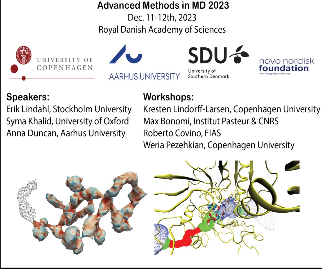 Kresten Lindorff-Larsen (@lindorfflarsen) on Twitter photo Looking forward to 2 days of advanced methods in molecular dynamics simulations <a href="/VSelskab/">Kongelige Danske Videnskabernes Selskab</a>. Talks by <a href="/eriklindahl/">Erik Lindahl - eriklindahl.bsky.social</a>, <a href="/ProfSyK/">Syma Khalid</a>, <a href="/drannaduncan/">Anna Duncan</a>, <a href="/BonomiMax/">Max Bonomi</a>, <a href="/CovinoLab/">Roberto Covino</a>, <a href="/WPezeshkian/">Weria Pezeshkian</a>. Organised by @chrisjorg_1, <a href="/khandeliagroup/">Himanshu Khandelia</a>, Birgit Schiøtt <a href="/BiomodelAU/">Biomodelling Aarhus Uni</a> & myself mdmeeting2023.wordpress.com Looking forward to 2 days of advanced methods in molecular dynamics simulations <a href="/VSelskab/">Kongelige Danske Videnskabernes Selskab</a>. Talks by <a href="/eriklindahl/">Erik Lindahl - eriklindahl.bsky.social</a>, <a href="/ProfSyK/">Syma Khalid</a>, <a href="/drannaduncan/">Anna Duncan</a>, <a href="/BonomiMax/">Max Bonomi</a>, <a href="/CovinoLab/">Roberto Covino</a>, <a href="/WPezeshkian/">Weria Pezeshkian</a>. Organised by @chrisjorg_1, <a href="/khandeliagroup/">Himanshu Khandelia</a>, Birgit Schiøtt <a href="/BiomodelAU/">Biomodelling Aarhus Uni</a> & myself mdmeeting2023.wordpress.com