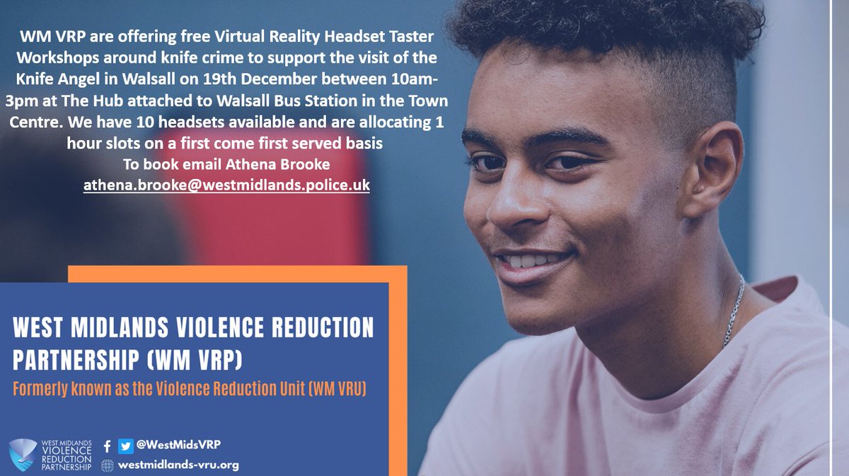 Free VR taster workshops around knife crime for local groups in #Walsall 19/12/23 10am-3pm delivered by 
@WestMidsVRP at The Community Hub, Walsall Bus Station

#KnifeAngelWalsall #LifeorKnife