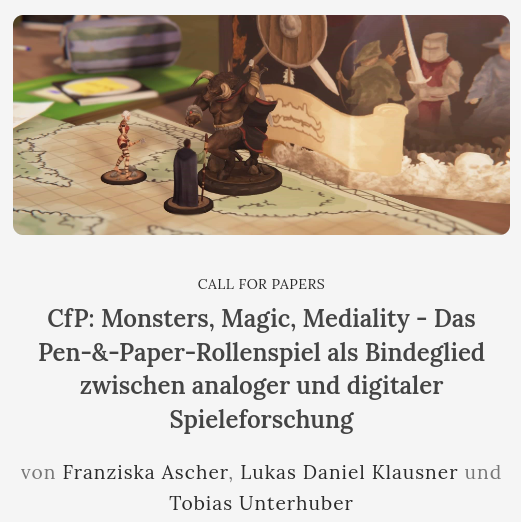 Gemeinsam mit <a href="/owlgryphon/">Chembael</a> und <a href="/letobili/">Tobias Unterhuber</a> redigiere ich eine <a href="/PAIDIA1/">PAIDIA</a>-Special-Issue zu Medialität(en) des Pen-&amp;-Paper-Rollenspiels (im Kontext von Digitalisierung, Streaming, Actual Plays, Virtual Tabletops, …). Wir freuen uns auf eure Einreichungen! paidia.de/cfp-monsters-m…