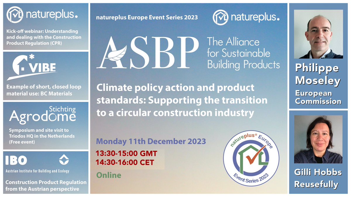 asbp_uk's tweet image. Join us today for the next online event in the @natureplus_eV series focusing on emerging product regulations - discussing the opportunities for bio-based and circular construction materials to lead the way.

#BuildCircular #BioMaterials #CircularEconomy #ClimateAction #ReUseNow