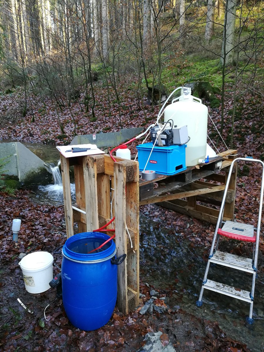 5 years ago today, I had my first continuous injection in the Weierbach catchment for my PhD project!💧🌊The calibration of the Mariotte bottle really gave me some spicy time, but there is no office more beautiful than that of a hydrologist! 🏔️🏞️