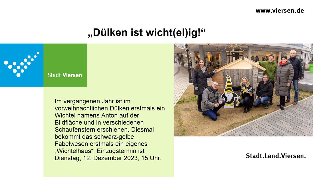 Morgen, Dienstag, 12. Dezember 2023, bezieht in Dülken Wichtel Anton sein „Wichtelhaus“ an der Blauensteinstraße/Ecke Lange Straße. Ab 15 Uhr wird gefeiert mit Kinderpunsch und „Wichtel-Malomat“. viersen.de/de/mitteilung/…