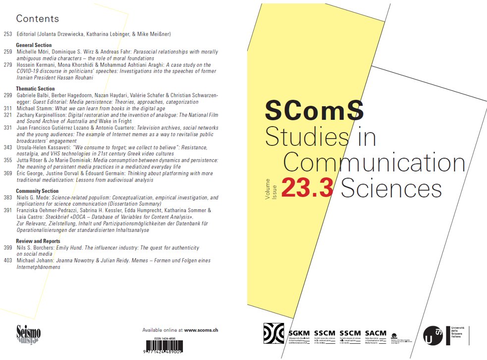 ✨✨New SComS issue is out! 🥂 Including a Thematic Section on “Old media persistence. Past continuities in the brand-new digital world”, 2 research papers (General Section) + a Dissertation Summary, a factsheet on DOCA and two book reviews #openaccess 👉hope.uzh.ch/scoms/issue/vi…