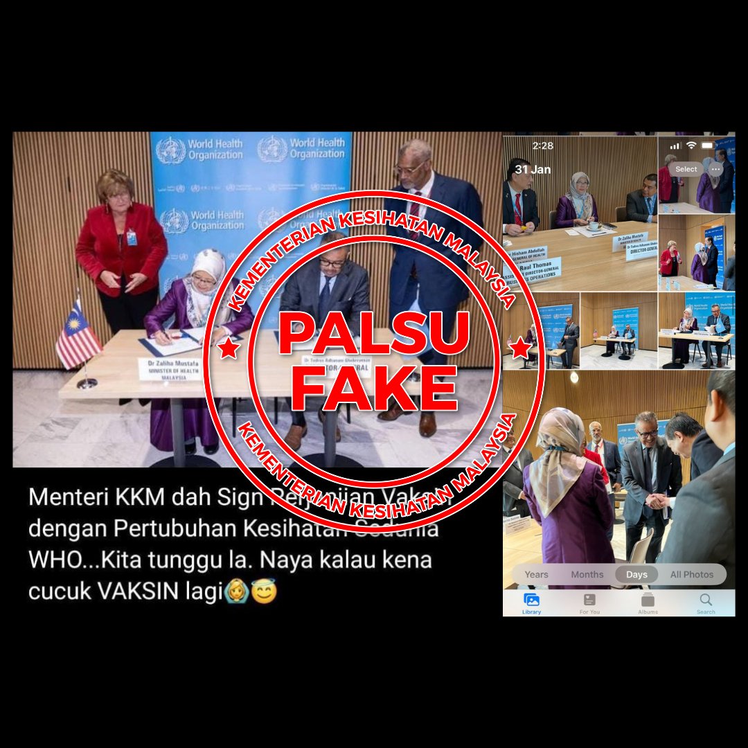 KKMPutrajaya's tweet photo. Kementerian Kesihatan Malaysia (KKM) mengambil perhatian serius terhadap suatu hantaran facebook yang mendakwa kementerian ini telah pun menandatangani "perjanjian vaksin", yang kononnya memaksa rakyat di negara ini untuk mengambil vaksin. 

KKM ingin menegaskan bahawa tangkap layar ini merupakan  kandungan yang memberi persepsi negatif kepada kementerian, yang mana dakwaan tersebut adalah tidak benar.

Sebenarnya foto tersebut memaparkan, YB Dr. Zaliha Mustafa yang mewakili negara dalam pembaharuan WHO Global Service Centre (GSC), Host Country Agreement (HCA) pada 31 Januari 2023, menerusi hubungan kerjasama negara dalam sektor kesihatan demi pembangunan modal insan dan meningkatkan daya saing agar lebih kompetitif dalam kalangan ahli anggota WHO, bukan seperti yang didakwa oleh pihak yang tidak bertanggungjawab dalam posting berkenaan.

Sehubungan itu, KKM menyeru kepada orang ramai agar tidak mudah terpengaruh dengan dakwaan  sesetengah pihak yang ingin menimbulkan kegusaran awam berkaitan KKM.