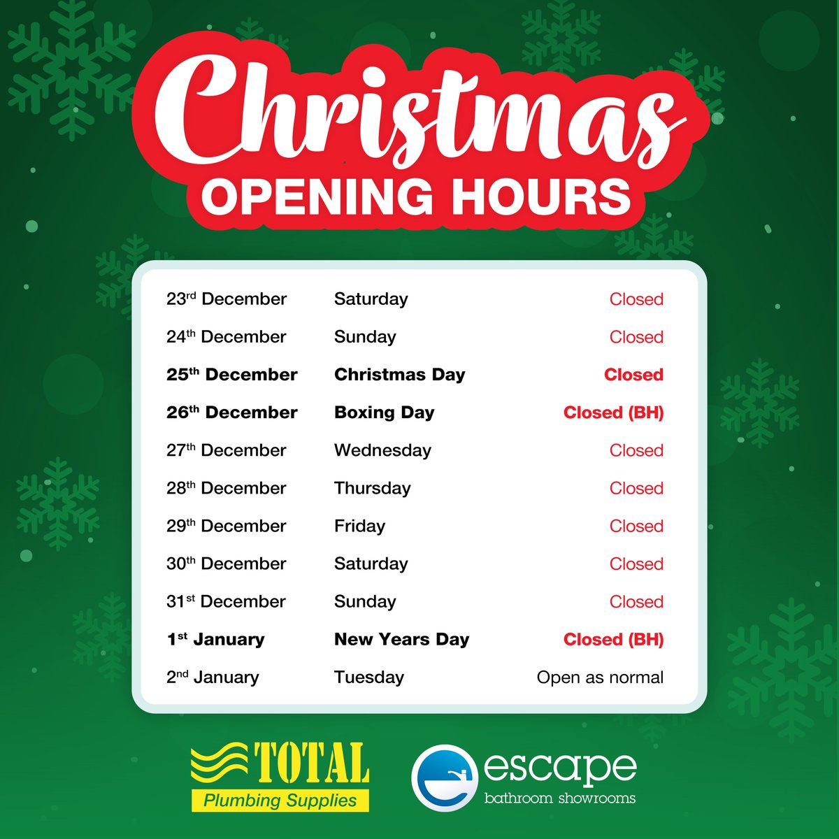Christmas 2023 Opening Hours!

We will also be closed from 13.30PM on 15th December for stocktake!