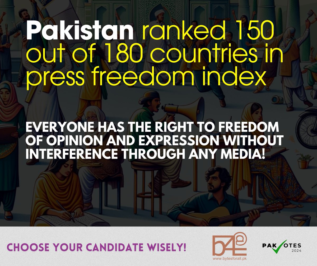 PakvotesPk's tweet image. According to @RSF_inter, #Pakistan is one of the world’s deadliest countries for journalists, with three to four murders each year which go completely unpunished.
Freedom of opinion &amp;amp; expression is basic fundamental right of every citizen!
#PakVotes #Elections2024 #GE2024